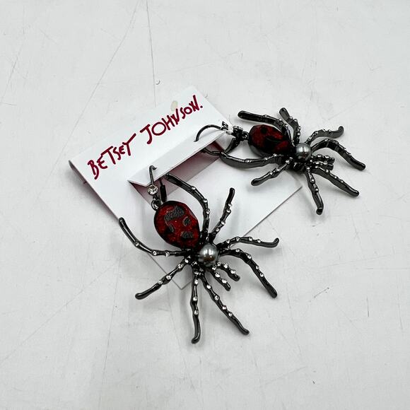 Betsey Johnson Spider Drop Earrings Pearl Halloween Red - Picture 2 of 4